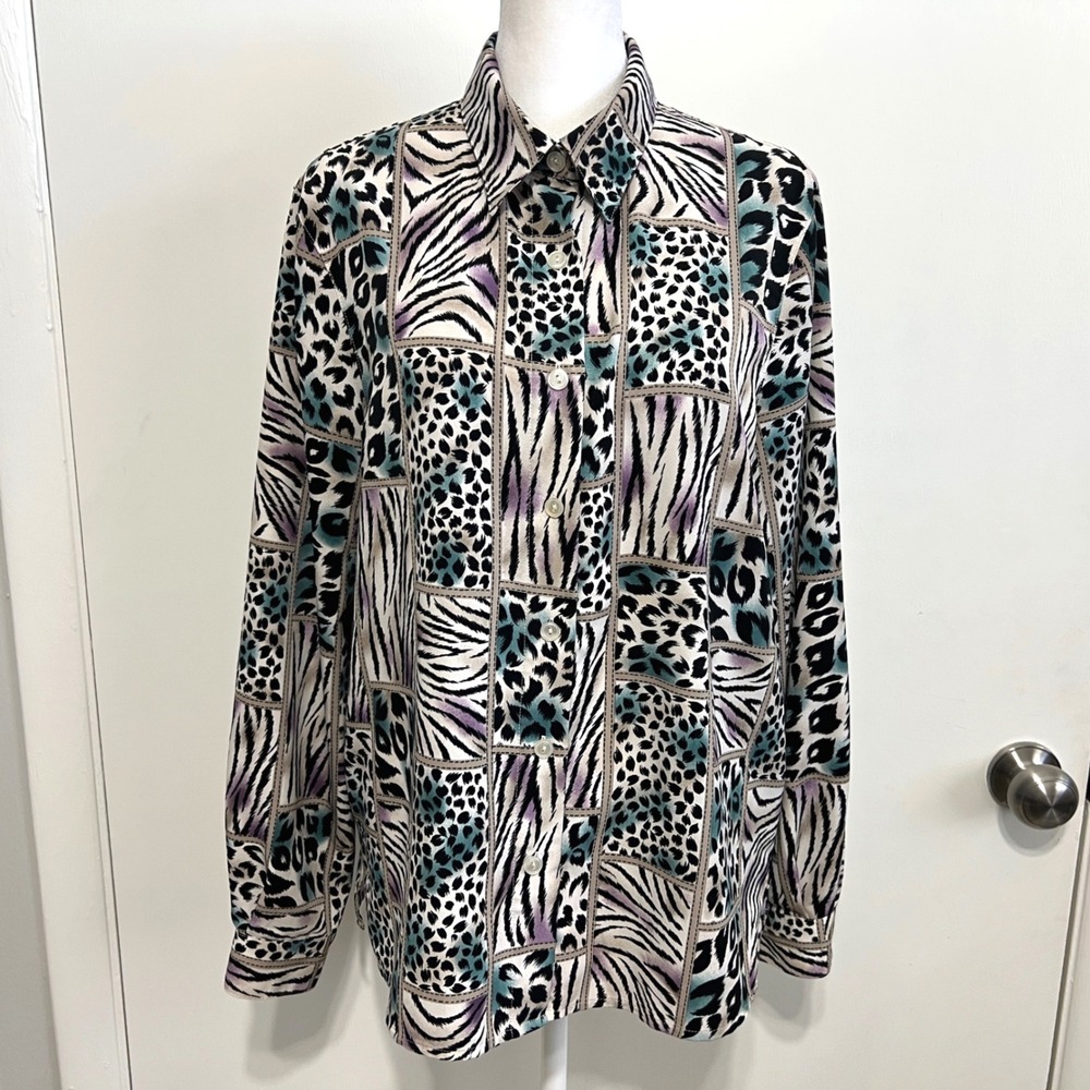 Alfred‎ Dunner Womens Animal Print Patchwork Button Up Shirt Size 12 Vintage